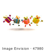 #47980 Royalty-Free (Rf) Illustration Of A Line Of Four 3d Present Mascots Jumping - Version 3
