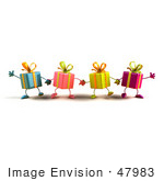 #47983 Royalty-Free (Rf) Illustration Of A Line Of Four 3d Present Mascots Facing Front And Holding Hands - Version 3
