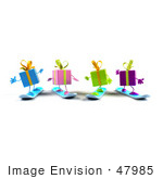 #47985 Royalty-Free (Rf) Illustration Of A Group Of Four 3d Present Mascots Snowboarding - Version 4