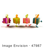 #47987 Royalty-Free (Rf) Illustration Of A Group Of Four 3d Present Mascots Walking Right - Version 4