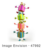 #47992 Royalty-Free (Rf) Illustration Of A Group Of Four 3d Present Mascots Standing On Top Of Each Other - Version 1