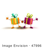 #47996 Royalty-Free (Rf) Illustration Of Two 3d Present Mascots Holding Hands - Version 1