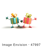 #47997 Royalty-Free (Rf) Illustration Of Two 3d Present Mascots Holding Hands - Version 3