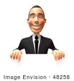 #48258 Royalty-Free (Rf) Illustration Of A 3d White Collar Businessman Mascot Standing Behind A Blank Sign