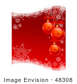 #48308 Clip Art Illustration Of A White And Red Xmas Background With Baubles, Snowflakes And White Waves by pushkin