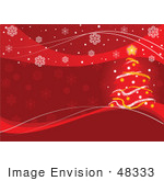 #48333 Clip Art Illustration Of A Red Xmas Tree Background With Swooshes And Snowflakes by pushkin