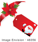 #48356 Clip Art Illustration Of A Santa Gift Tag With A Poinsettia Bow On A White Background by pushkin