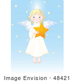 #48421 Clip Art Illustration Of A Cute Blond Girl Angel Holding A Star In A Blue Sky by pushkin