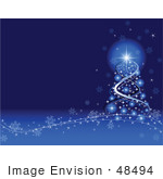 #48494 Clip Art Illustration Of A Magical Xmas Tree Of Blue Lights And Swirls Over Blue With A Wave Of Snowflakes by pushkin