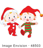 #48503 Clip Art Illustration Of Two Xmas Babies In Santa And Elf Suits, Walking And Holding Hands by pushkin
