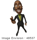 #48537 Royalty-Free (Rf) 3d Illustration Of A Black Businessman Mascot Pointing His Fingers Like A Gun And Wearing A Headset - Version 1