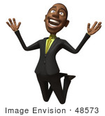 #48573 Royalty-Free (Rf) 3d Illustration Of A Black Businessman Mascot Jumping And Smiling - Version 1