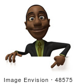 #48575 Royalty-Free (Rf) 3d Illustration Of A Black Businessman Mascot Pointing Down And Standing Behind A Blank Sign - Version 2
