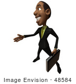 #48584 Royalty-Free (Rf) 3d Illustration Of A Black Businessman Mascot With A Briefcase Holding His Hand Out - Version 4