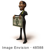 #48588 Royalty-Free (Rf) 3d Illustration Of A Black Businessman Mascot Holding An Over Sized Dollar - Version 2