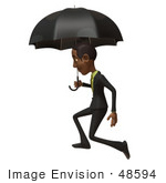 #48594 Royalty-Free (Rf) 3d Illustration Of A Black Businessman Mascot Walking Under An Umbrella