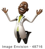 #48716 Royalty-Free (Rf) 3d Illustration Of A Happy Black Male Doctor Leaping Into The Air - Version 1