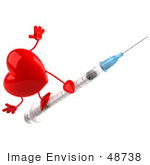 #48738 Royalty-Free (Rf) 3d Illustration Of A Red Heart Mascot On A Swine Flu Vaccine Syringe