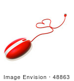 #48863 Royalty-Free (Rf) Illustration Of A 3d Red Computer Mouse With The Cable Forming A Love Heart - Version 1