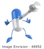#48952 Royalty-Free (Rf) Illustration Of A 3d Blue And White Capsule Pill Mascot Pricked With A Syringe
