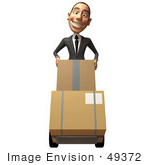 #49372 Royalty-Free (Rf) Illustration Of A 3d White Corporate Businessman Moving Boxes On A Dolly - Version 1