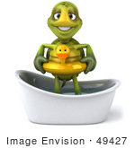 #49427 Royalty-Free (Rf) Illustration Of A 3d Green Turtle Mascot Wearing A Floaty And Standing In A Tub - Version 1