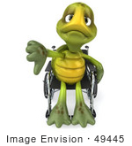 #49445 Royalty-Free (Rf) Illustration Of A 3d Sad Green Turtle Mascot Using A Wheelchair And Holding His Thumb Down