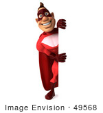 #49568 Royalty-Free (Rf) Illustration Of A 3d Red Superhero Standing Beside A Blank Sign