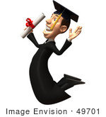 #49701 Royalty-Free (Rf) Illustration Of A 3d College Graduate Jumping With A Rolled Diploma - Version 2