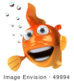#49994 Royalty-Free (Rf) Illustration Of A 3d Goldfish Mascot With Bubbles Looking Around A Blank Sign Board