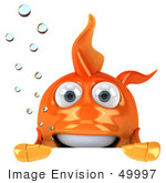 #49997 Royalty-Free (Rf) Illustration Of A 3d Goldfish Mascot With Bubbles Looking Over A Blank Sign Board