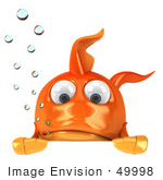 #49998 Royalty-Free (Rf) Illustration Of A 3d Goldfish Mascot With Bubbles Pouting Over A Blank Sign