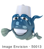 #50013 Royalty-Free (Rf) Illustration Of A 3d Blue Chef Fish Mascot With A Hat - Version 1