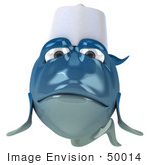 #50014 Royalty-Free (Rf) Illustration Of A 3d Blue Chef Fish Mascot With A Hat - Version 2