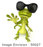 #50027 Royalty-Free (Rf) Illustration Of A 3d Green Gecko Mascot Waving And Wearing Shades