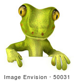 #50031 Royalty-Free (Rf) Illustration Of A 3d Green Gecko Mascot Pointing Down At And Standing Behind A Blank Sign - Pose 1