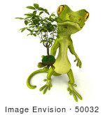 #50032 Royalty-Free (Rf) Illustration Of A 3d Green Gecko Mascot Holding A Ficus