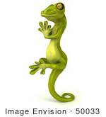 #50033 Royalty-Free (Rf) Illustration Of A 3d Green Gecko Mascot In Profile Meditating And Perched Up On His Tail