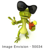 #50034 Royalty-Free (Rf) Illustration Of A 3d Green Gecko Mascot Wearing Shades And Sipping Juice