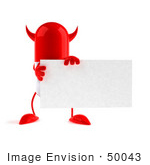 #50043 Royalty-Free (Rf) Illustration Of A 3d Red Devil Pill Capsule Mascot Holding A Blank Business Card - Version 1