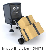 #50073 Royalty-Free (Rf) Illustration Of A 3d Computer Case Mascot Pushing Boxes On A Dolly - Version 1