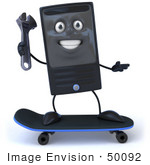 #50092 Royalty-Free (Rf) Illustration Of A 3d Computer Case Mascot Holding A Wrench And Skateboarding - Version 1
