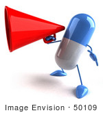 #50109 Royalty-Free (Rf) Illustration Of A 3d Blue Pill Capsule Mascot Using A Megaphone