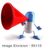 #50110 Royalty-Free (Rf) Illustration Of A 3d Blue Pill Capsule Mascot Speaking Through A Megaphone - Version 1