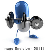 #50111 Royalty-Free (Rf) Illustration Of A 3d Blue Pill Capsule Mascot Lifting Weights