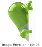 #50123 Royalty-Free (Rf) Illustration Of A 3d Green Pill Capsule Mascot Looking Around A Blank Sign