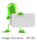 #50125 Royalty-Free (Rf) Illustration Of A Green 3d Pill Capsule Mascot Holding A Blank Business Card