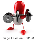 #50128 Royalty-Free (Rf) Illustration Of A 3d Red Pill Capsule Mascot Lifting Weights