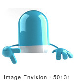 #50131 Royalty-Free (Rf) Illustration Of A 3d Blue Pill Capsule Mascot Pointing Down At And Standing Behind A Blank Sign - Version 1