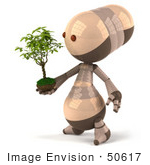 #50617 Royalty-Free (Rf) Illustration Of A 3d Robot Mascot Holding A Plant - Version 1